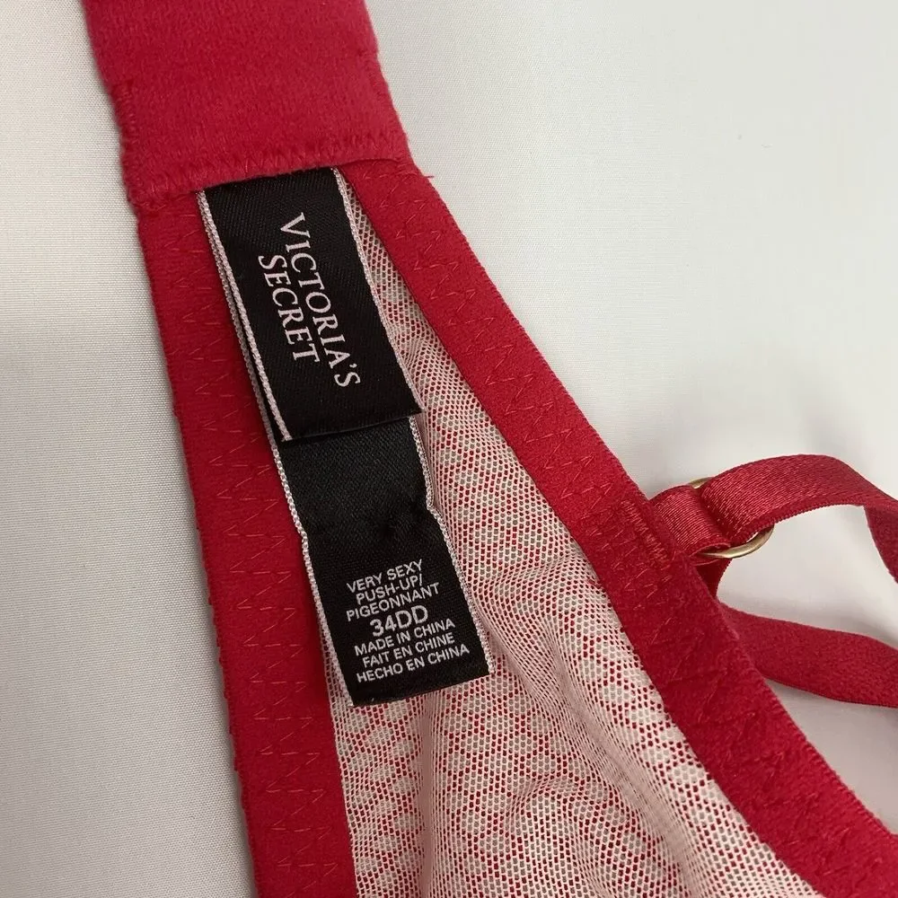 Victoria's Secret Very Sexy Hot Pink Push Up 34DD Bra Fishnet‎ Lace Bling READ